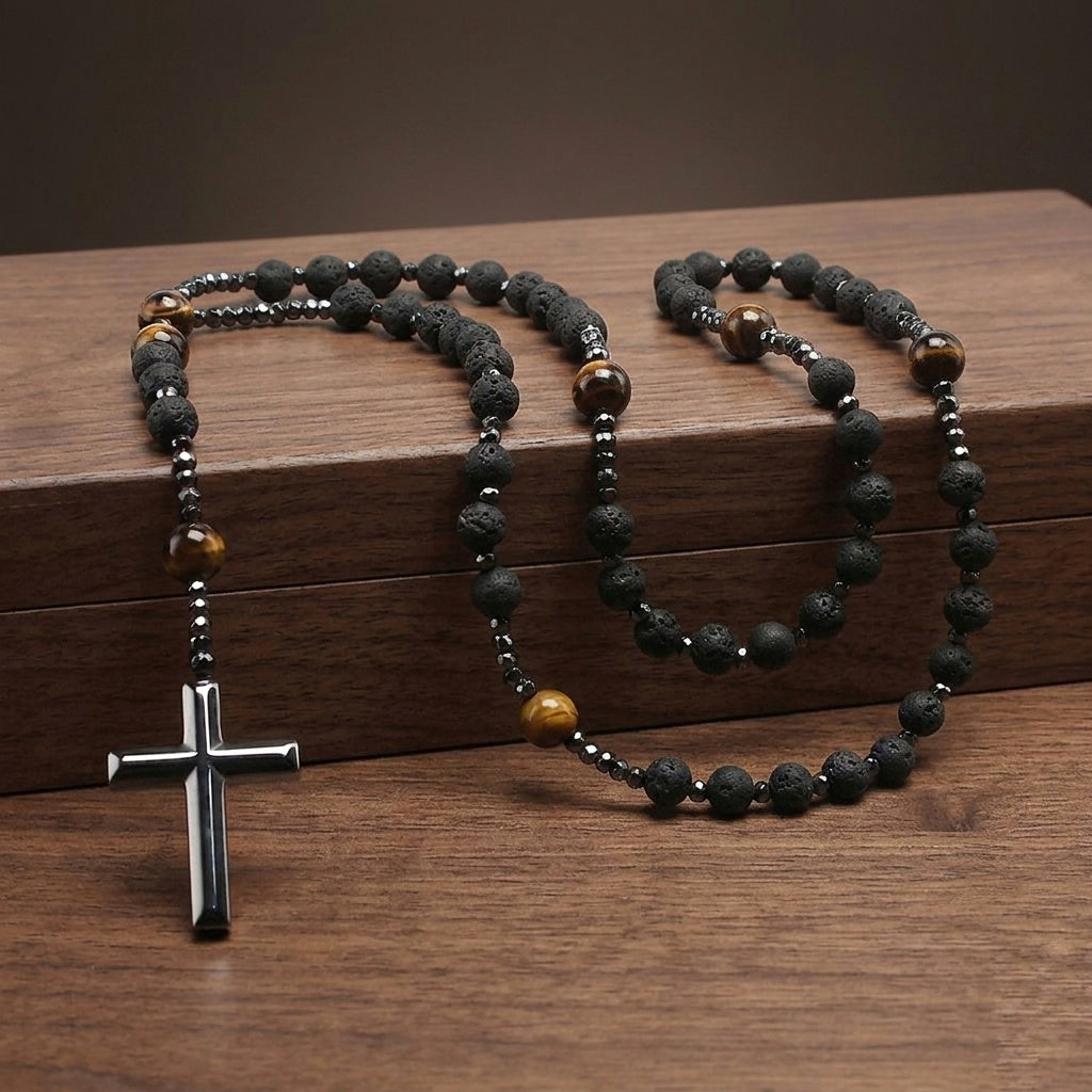 Lava, Hematite and Tiger's Eye Rosary Necklace — Natural Stones | 70 cm