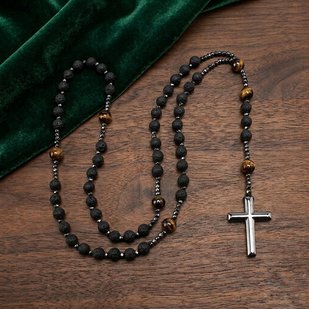 Lava, Hematite and Tiger's Eye Rosary Necklace — Natural Stones | 70 cm