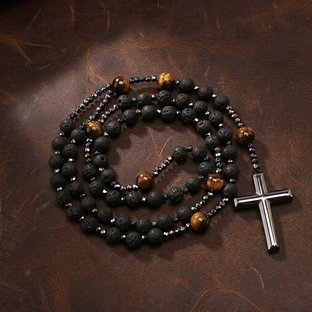 Lava, Hematite and Tiger's Eye Rosary Necklace — Natural Stones | 70 cm