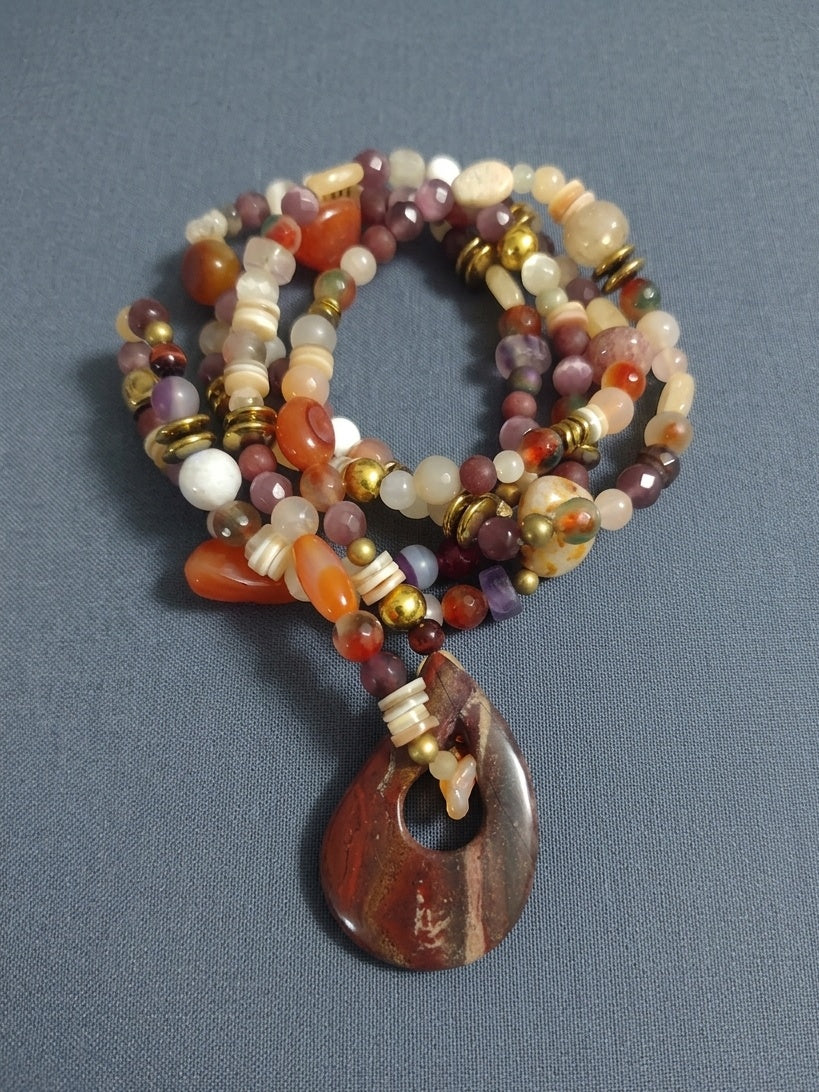 Multi-Gemstone Necklace with Jasper Pendant — Mixed Stones | 120 cm