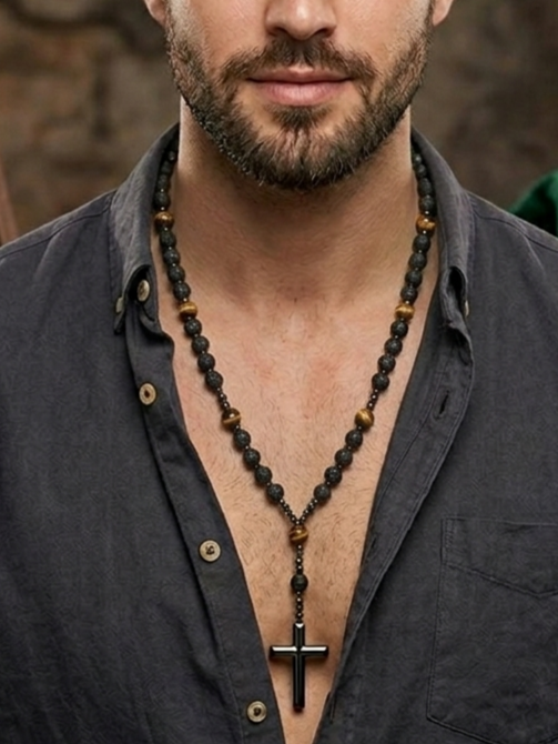 Lava, Hematite and Tiger's Eye Rosary Necklace — Natural Stones | 70 cm