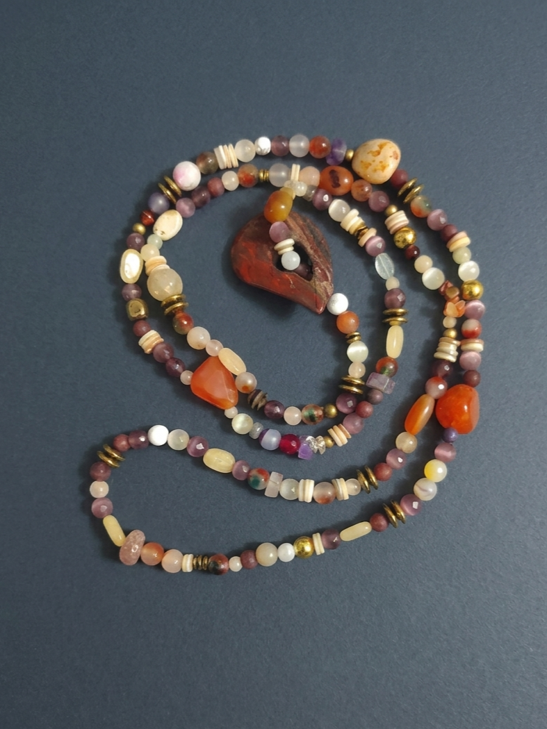 Multi-Gemstone Necklace with Jasper Pendant — Mixed Stones | 120 cm