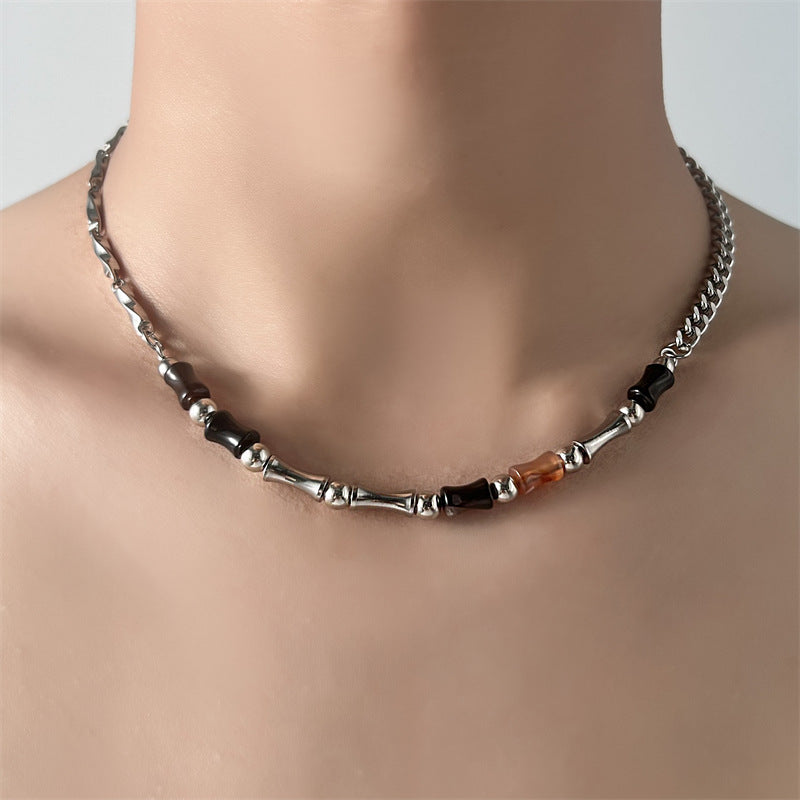 Stainless Steel and Natural Agate Necklace — 6mm | 45 cm