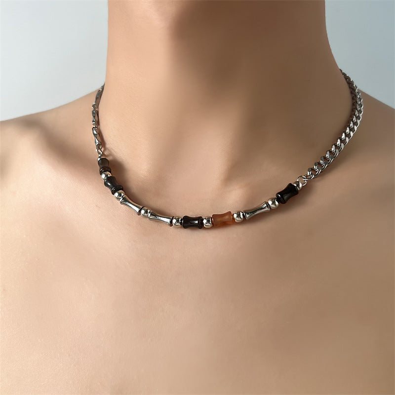 Stainless Steel and Natural Agate Necklace — 6mm | 45 cm