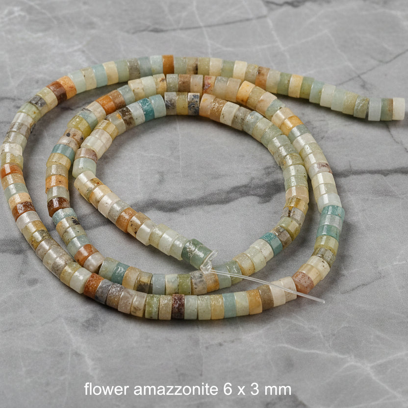 Natural Flower Amazonite — Rondelles 4x2 / 6x3 / 8x3mm | Strand ~38 cm