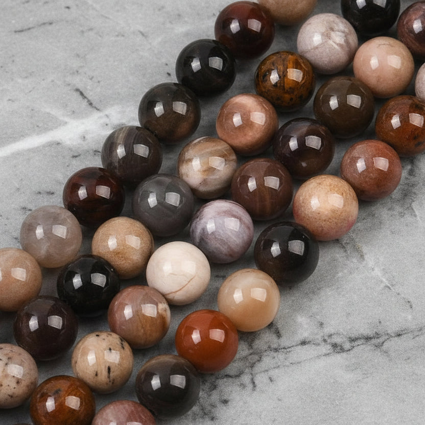 Natural Fossil Wood — Round Beads 4/6/8mm | Strand ~38 cm