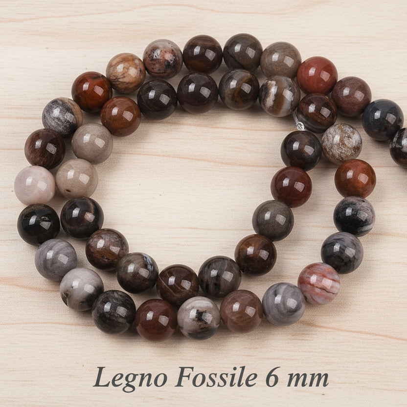 Natural Fossil Wood — Round Beads 4/6/8mm | Strand ~38 cm