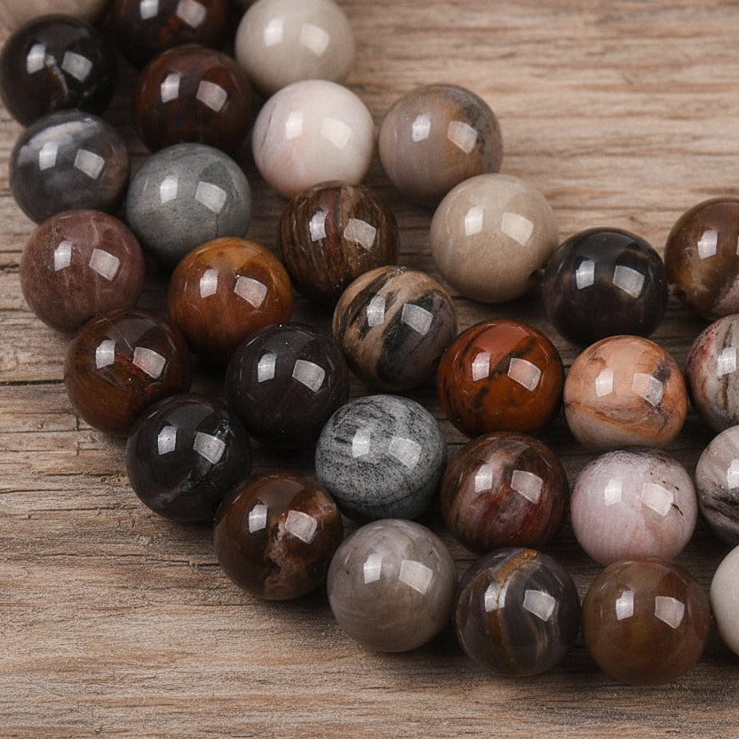 Natural Fossil Wood — Round Beads 4/6/8mm | Strand ~38 cm