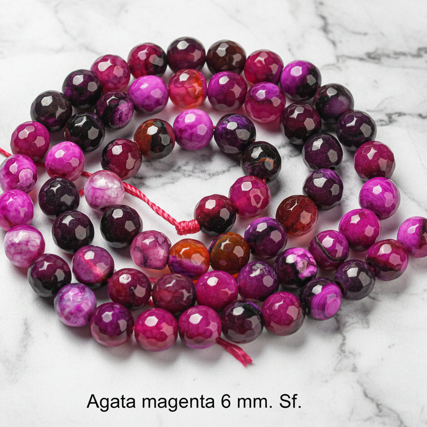 Natural Faceted Agate 6mm — Magenta, Marine Blue, Colorful | Strand ~37 cm