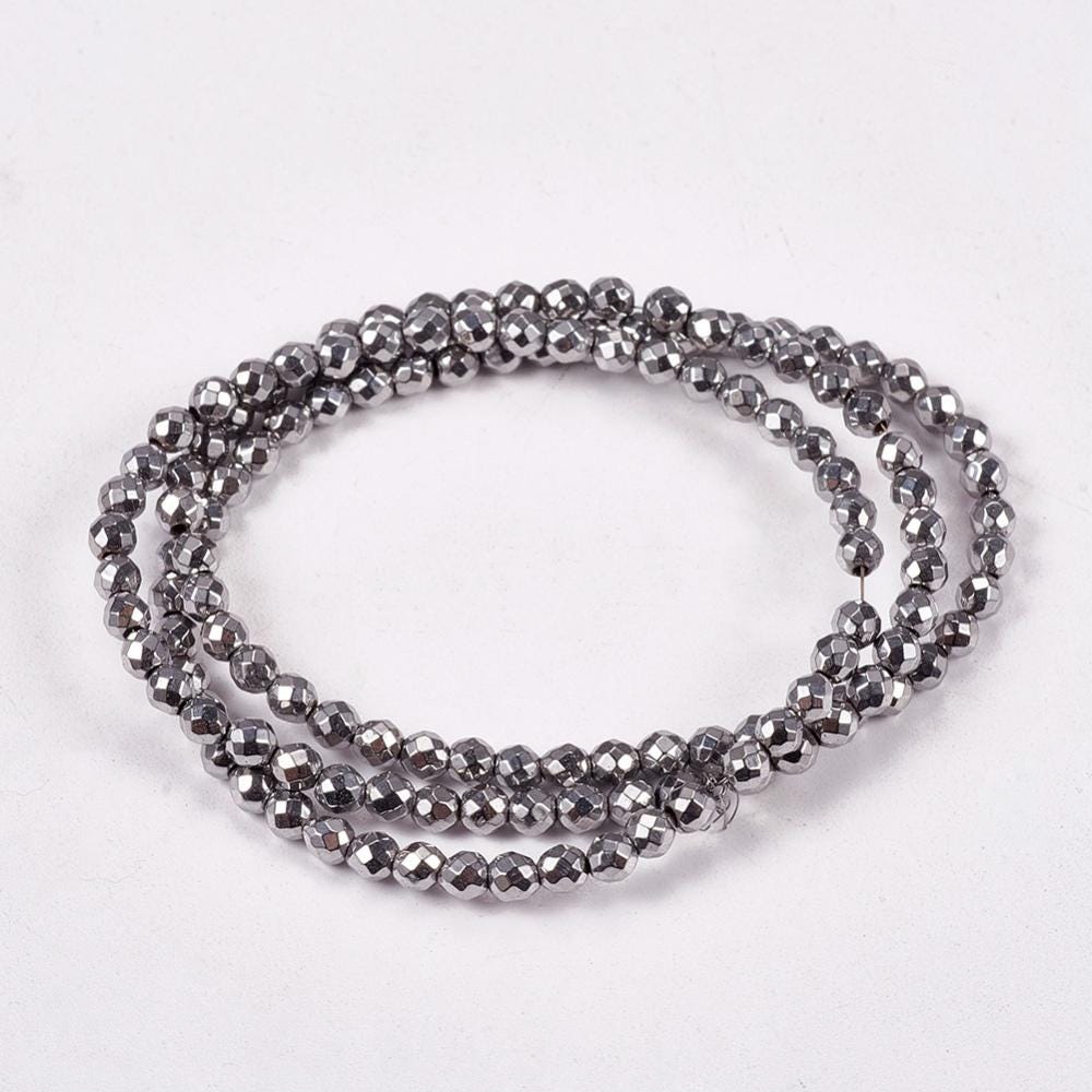 Hematite — Faceted Platinum Beads 2/3/4mm | Strand ~40 cm