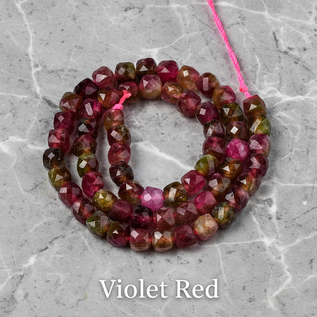 Natural Quartz — Faceted Cubes 6mm | Cadet Blue, Violet Red, Dark Salmon, Old Rose | Strand ~33 cm