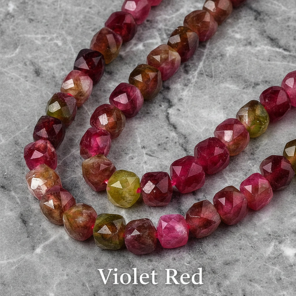 Natural Quartz — Faceted Cubes 6mm | Cadet Blue, Violet Red, Dark Salmon, Old Rose | Strand ~33 cm