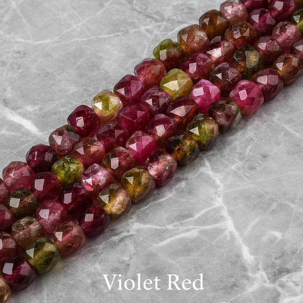 Natural Quartz — Faceted Cubes 6mm | Cadet Blue, Violet Red, Dark Salmon, Old Rose | Strand ~33 cm