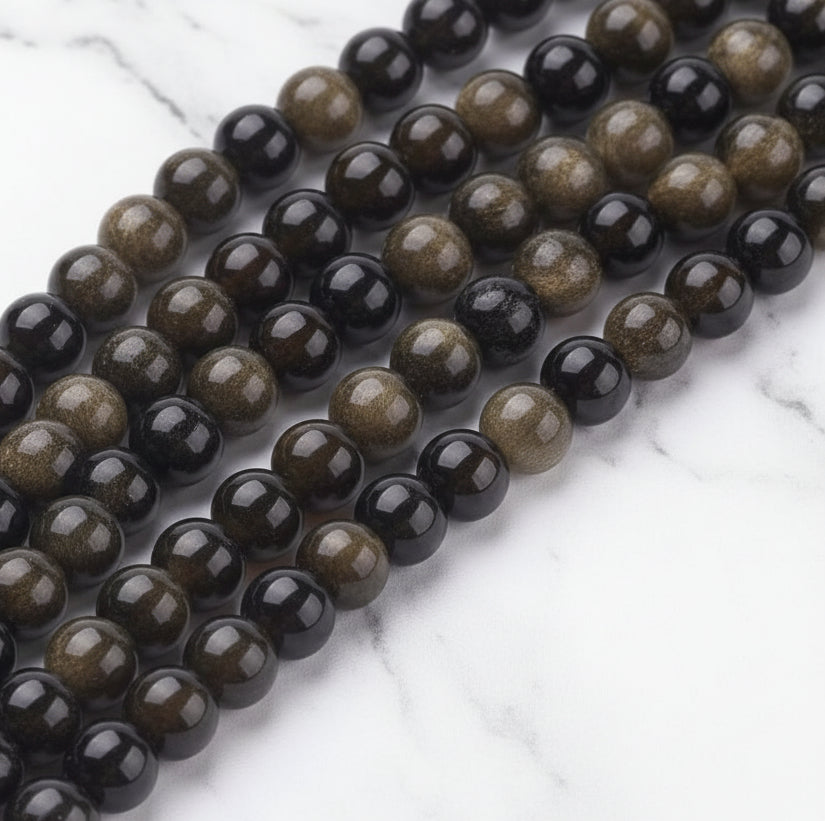 Natural Golden Obsidian — Round Beads 6/8/10mm | Strand ~18 cm