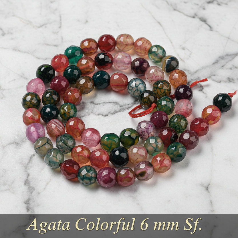 Natural Faceted Agate 6mm — Magenta, Marine Blue, Colorful | Strand ~37 cm
