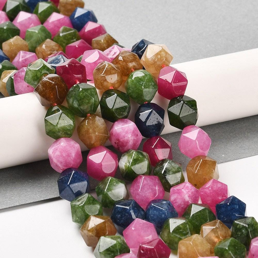 Natural White Jade — Faceted Polygons 9/10mm | Multicolor Tourmaline | Strand ~38 cm