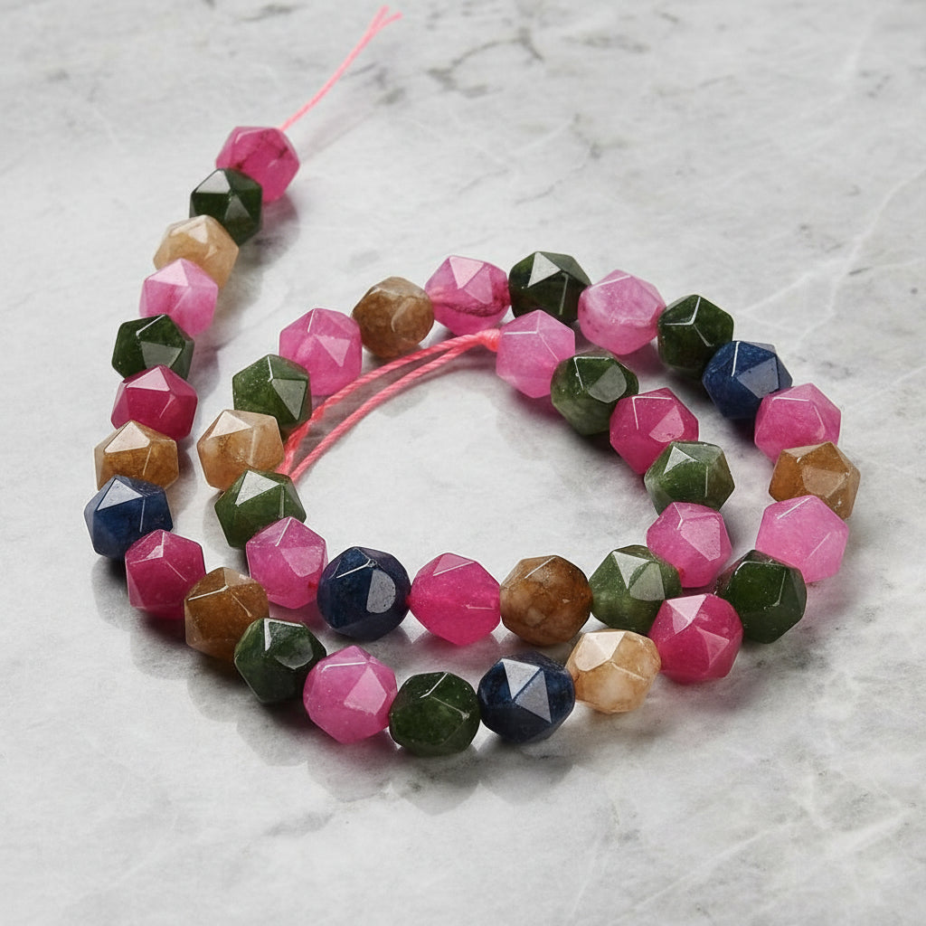 Natural White Jade — Faceted Polygons 9/10mm | Multicolor Tourmaline | Strand ~38 cm
