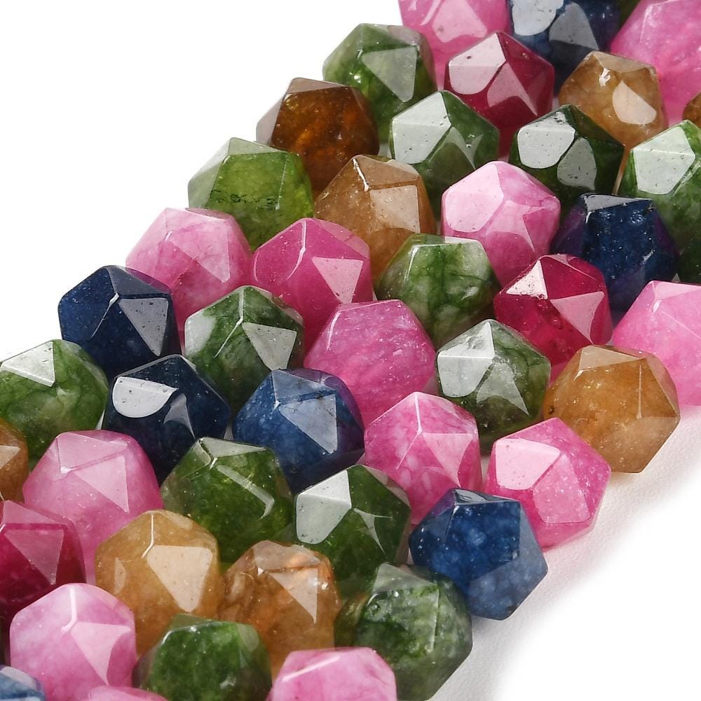 Natural White Jade — Faceted Polygons 9/10mm | Multicolor Tourmaline | Strand ~38 cm