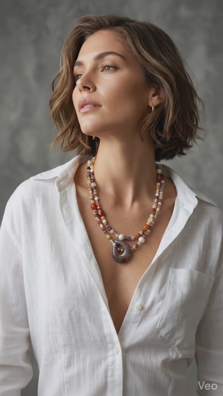 Multi Natural Stones Necklace with Jasper Pendant — Mixed Stones | 120 cm