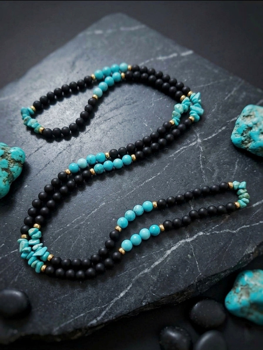 Long Necklace Black Agate, Turquoise and Golden Hematite — 120 cm