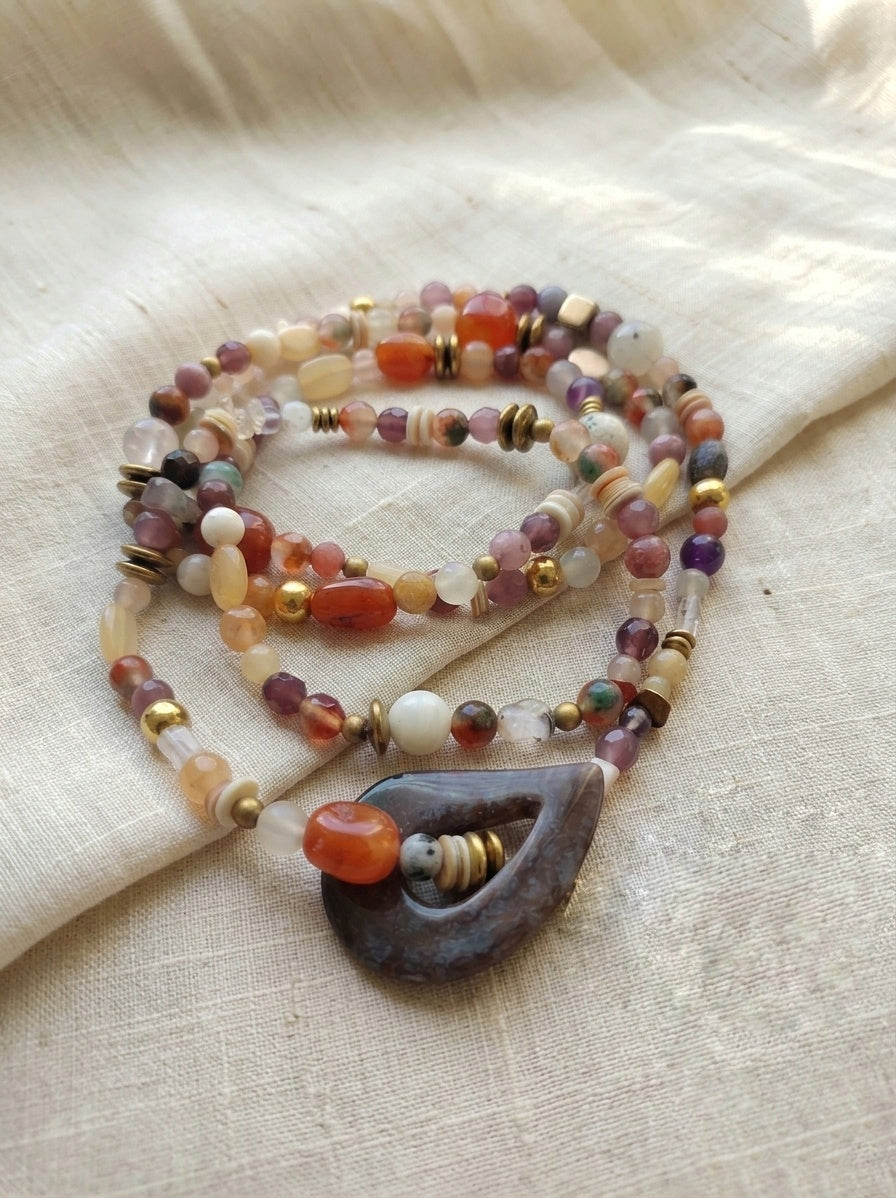 Multi Natural Stones Necklace with Jasper Pendant — Mixed Stones | 120 cm