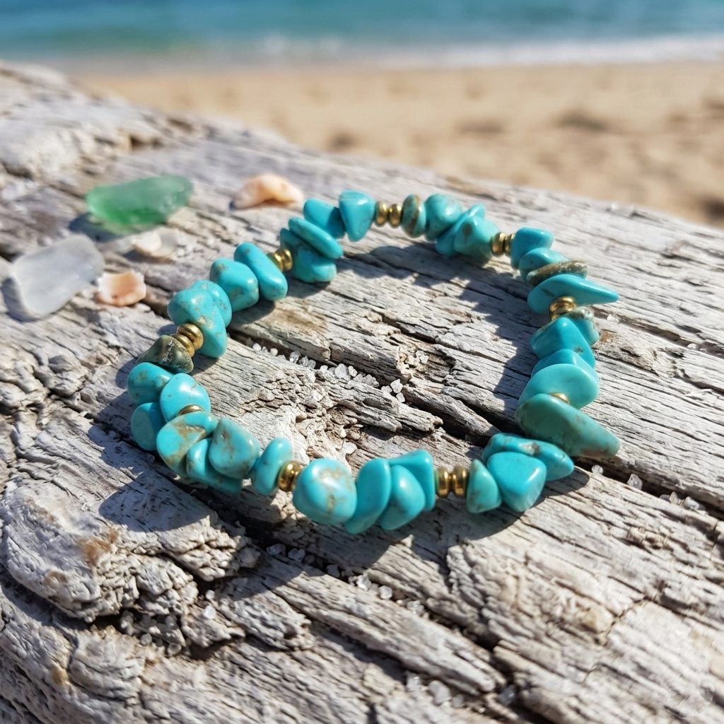 Bracciale di Turchese ed Ematite Dorata — Chips 3-5mm | 19 cm