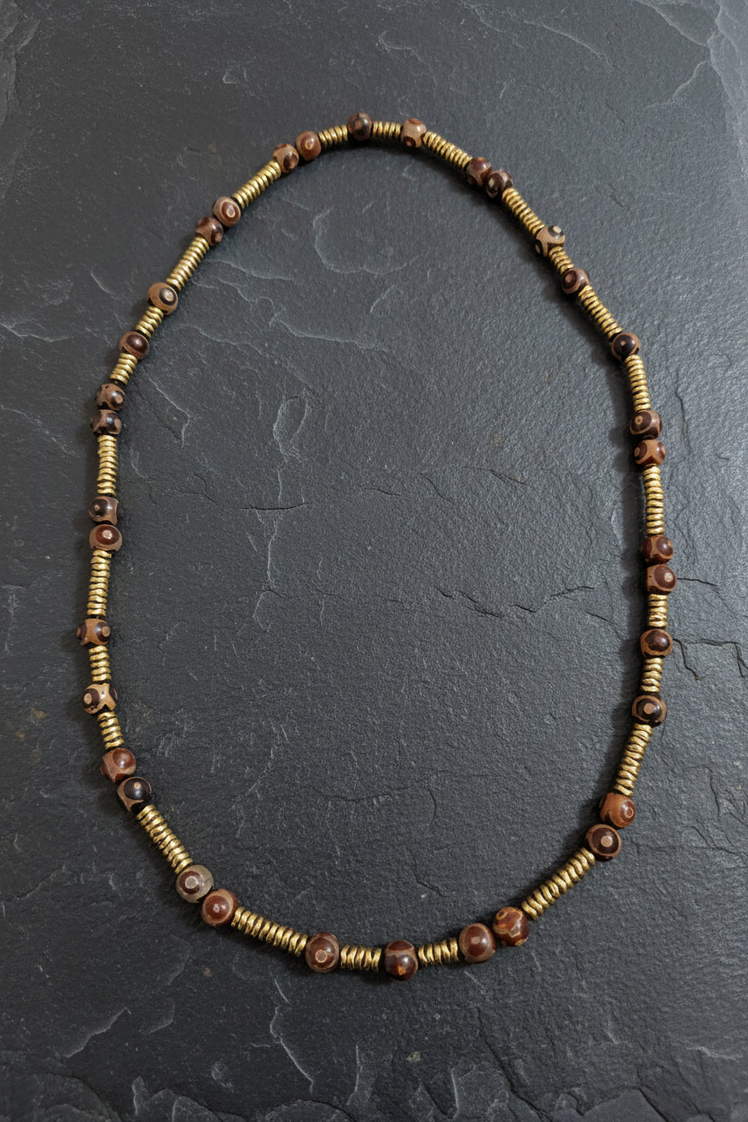 Tibetan Dzi Agate and Antique Gold Hematite Mala Necklace — 75 cm