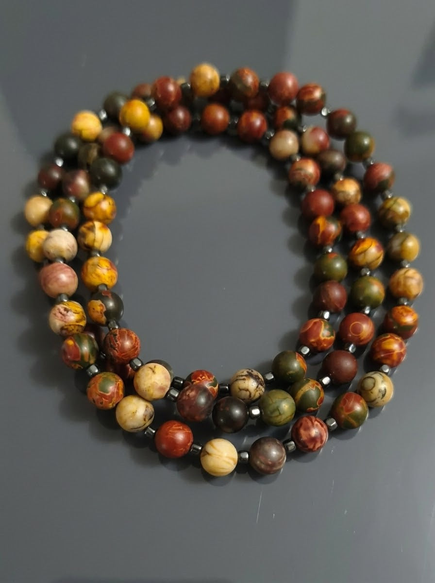 Collana Mala di Diaspro Picasso ed Ematite — Sfere 8mm | 80 cm