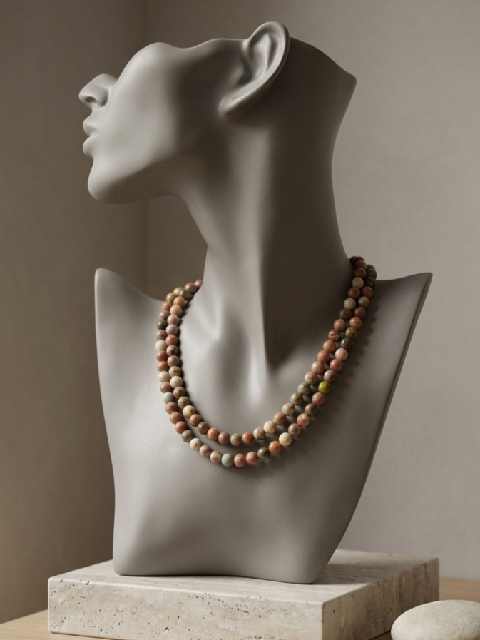 Natural Plum Blossom Jasper Necklace — 8mm Beads | 120 cm