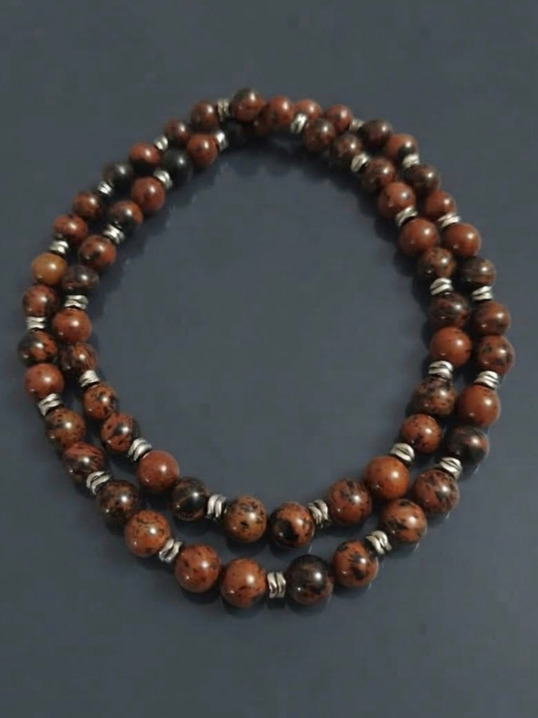 Collana Mala di Ossidiana Mogano ed Ematite — Sfere 10mm | 75 cm