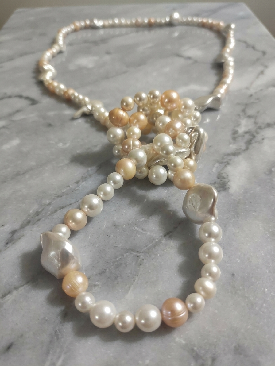 Natural Pearl and Mother of Pearl Necklace — White, Silver, and Pink | 135 cm