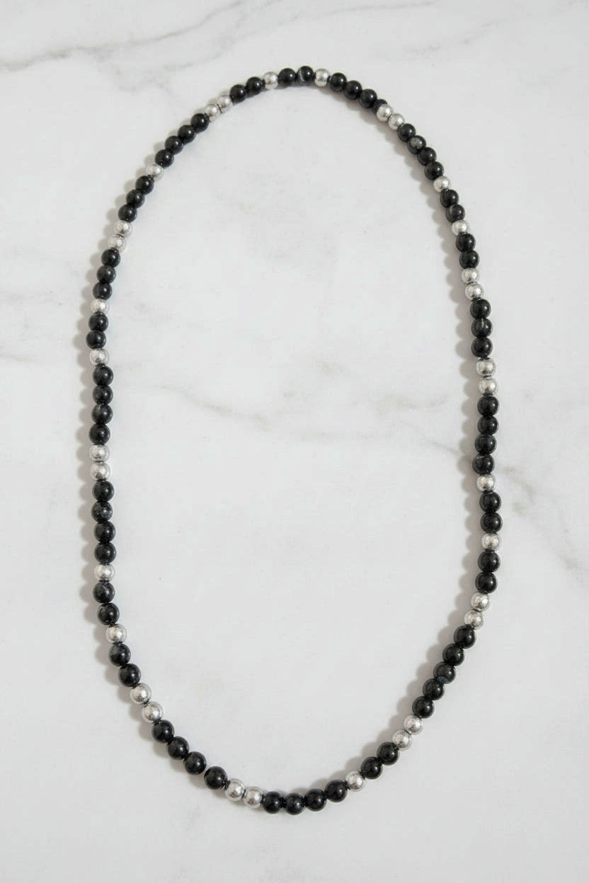 Black Agate and Hematite Mala Necklace — 8mm Beads | 75 cm