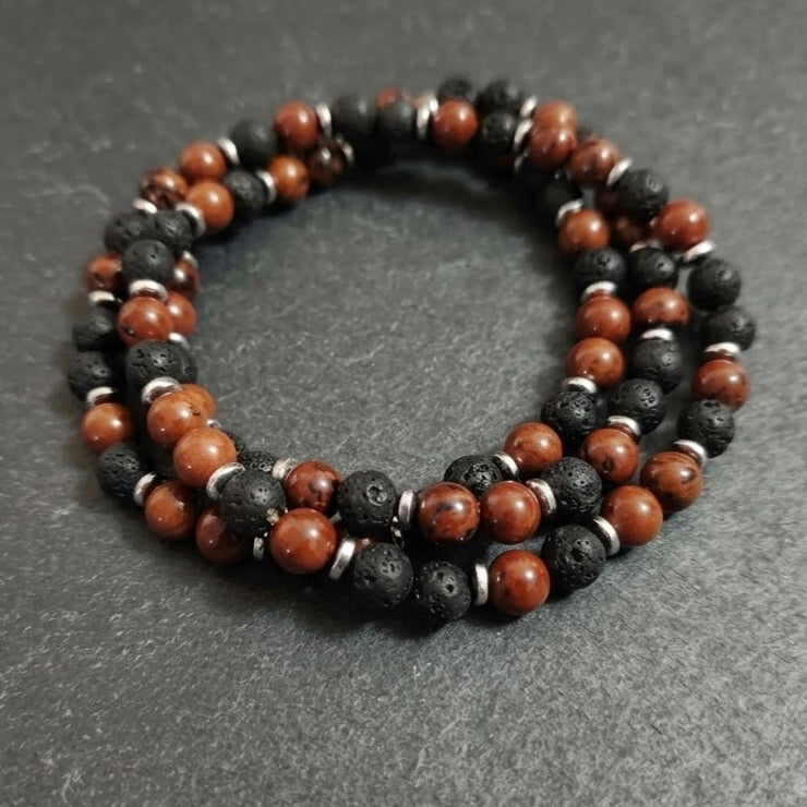 Collana Mala di Ossidiana Mogano, Roccia Lavica ed Ematite — Sfere 8mm | 75 cm