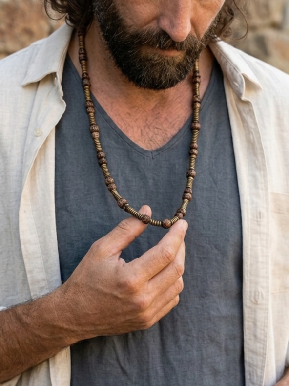 Tibetan Dzi Agate and Antique Gold Hematite Mala Necklace — 75 cm