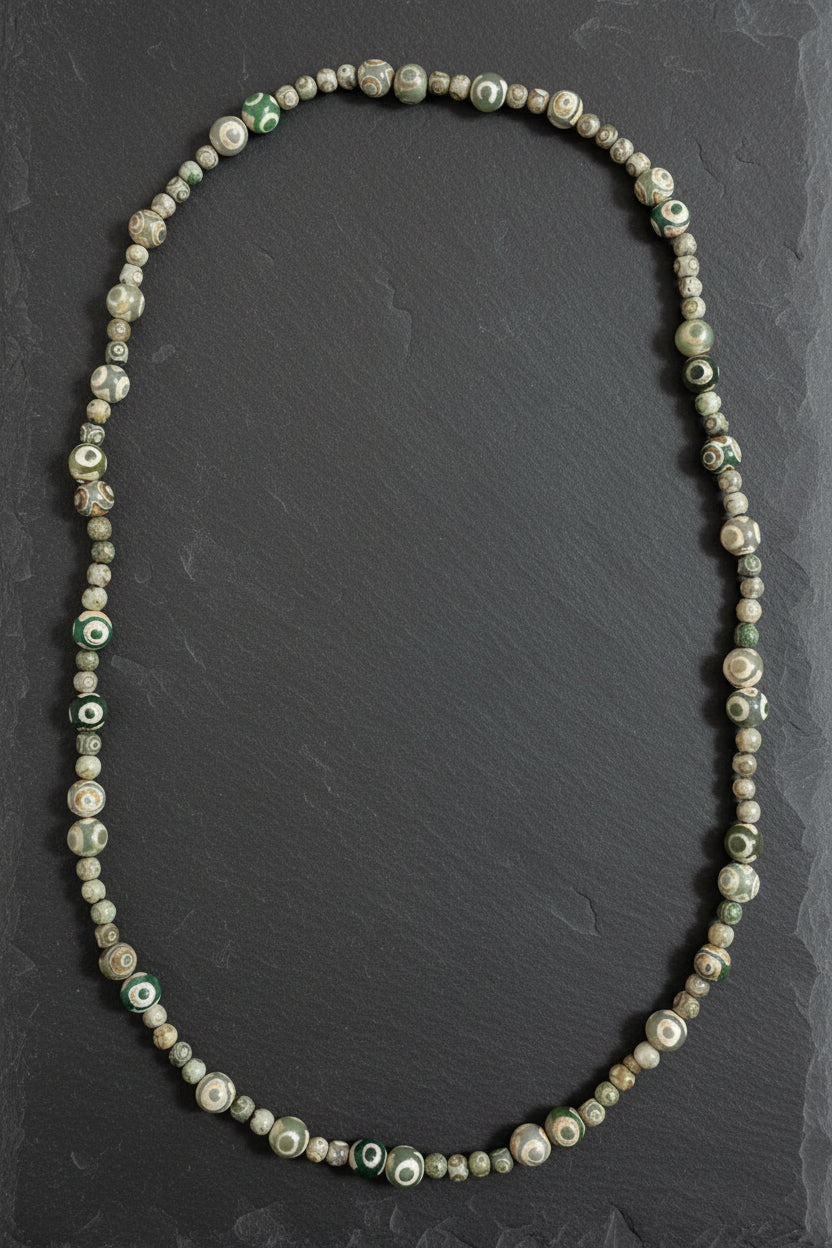Tibetan Dzi 3 Eye Agate Mala Necklace — 6/10mm Stones | 75 cm
