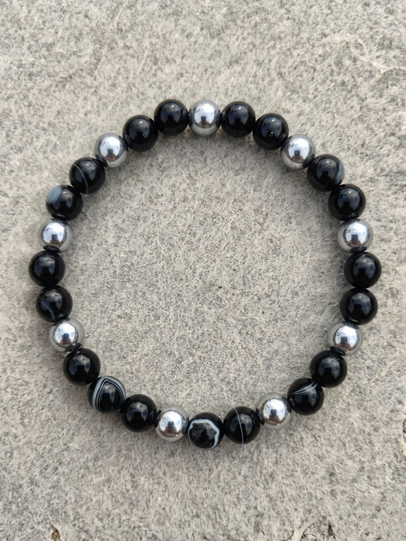 Bracciale di Agata Nera ed Ematite — Sfere 8mm | 18-22 cm