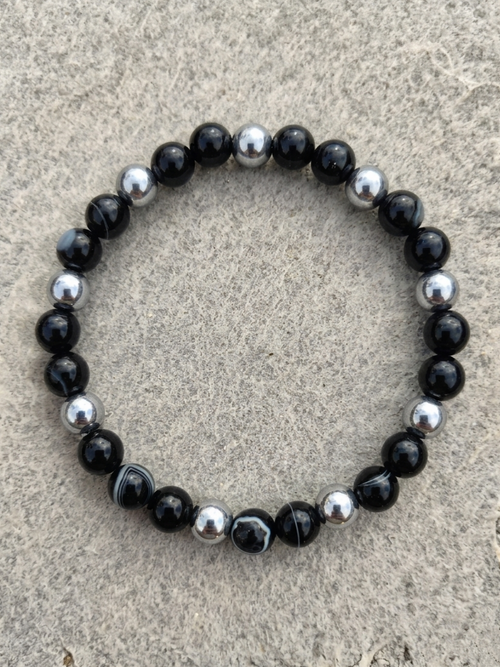 Black Agate and Hematite Bracelet — 8mm Beads | 18-22 cm