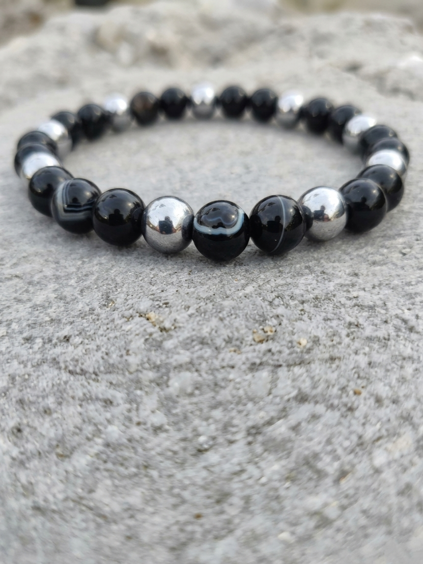 Bracciale di Agata Nera ed Ematite — Sfere 8mm | 18-22 cm