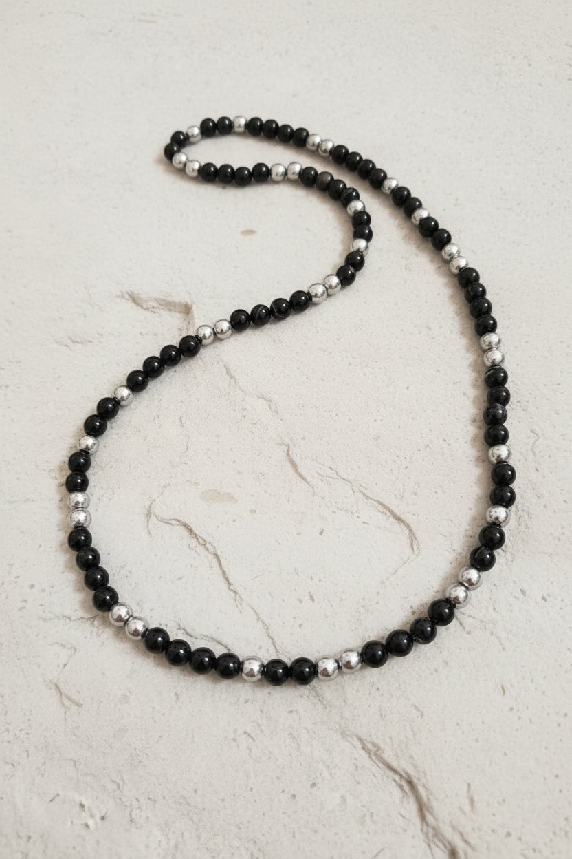 Black Agate and Hematite Mala Necklace — 8mm Beads | 75 cm