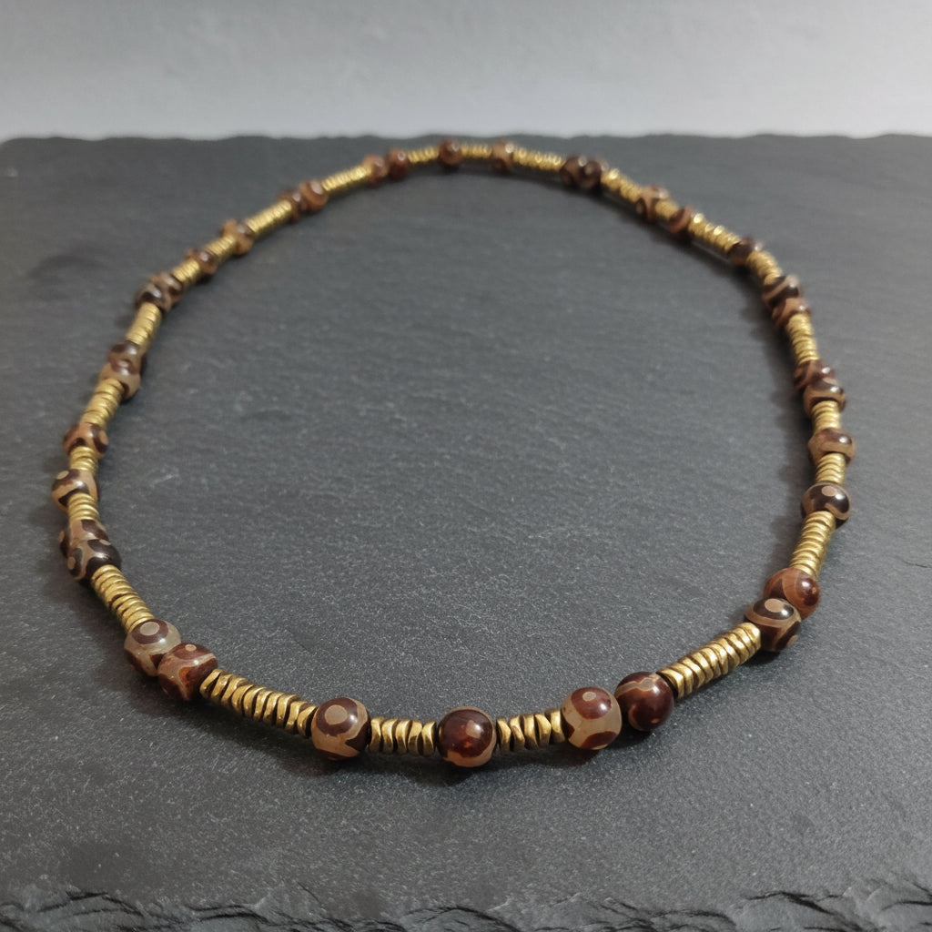Tibetan Dzi Agate and Antique Gold Hematite Mala Necklace — 75 cm