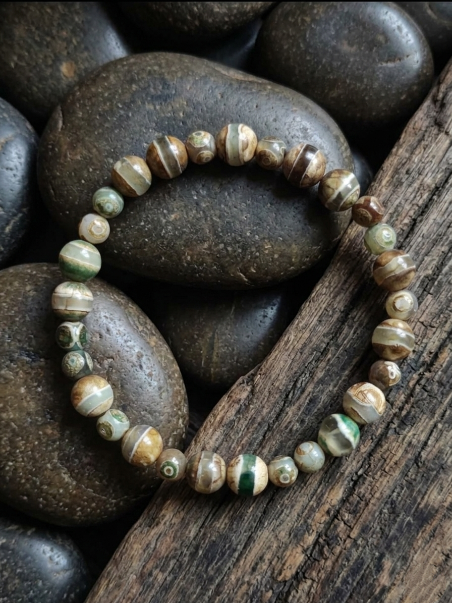 Bracelet en Agate Tibétaine — Sphères 6/8mm | 18-22 cm