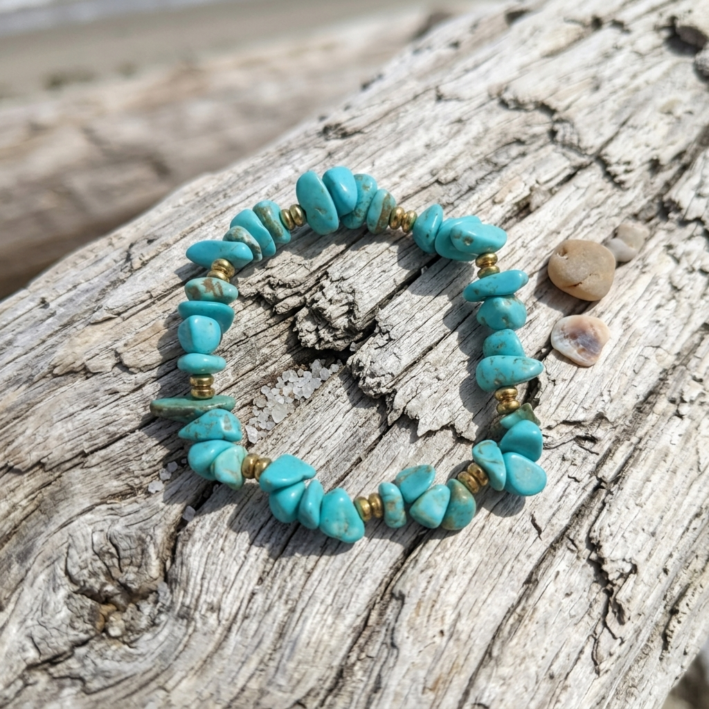 Bracciale di Turchese ed Ematite Dorata — Chips 3-5mm | 19 cm