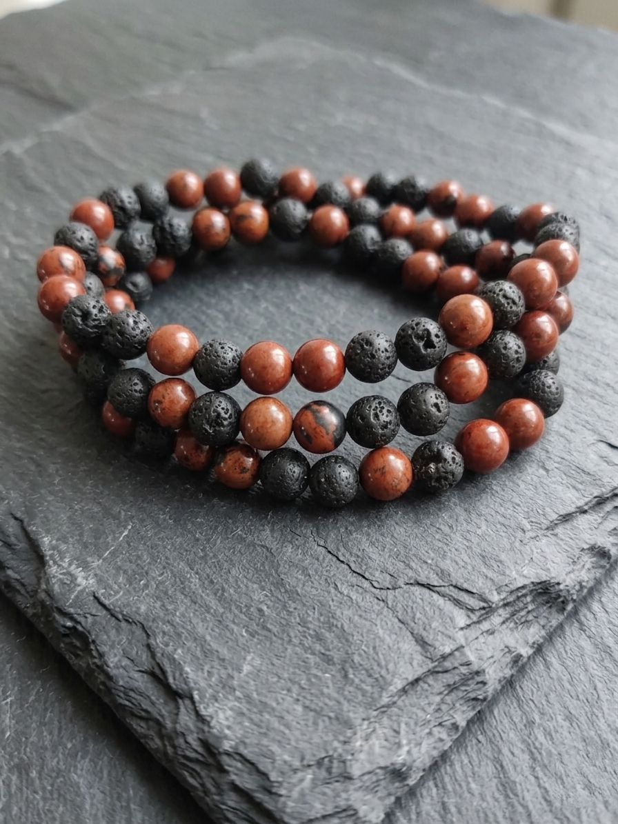 Mahogany Obsidian and Lava Rock Mala Necklace — 8mm Beads | 75 cm