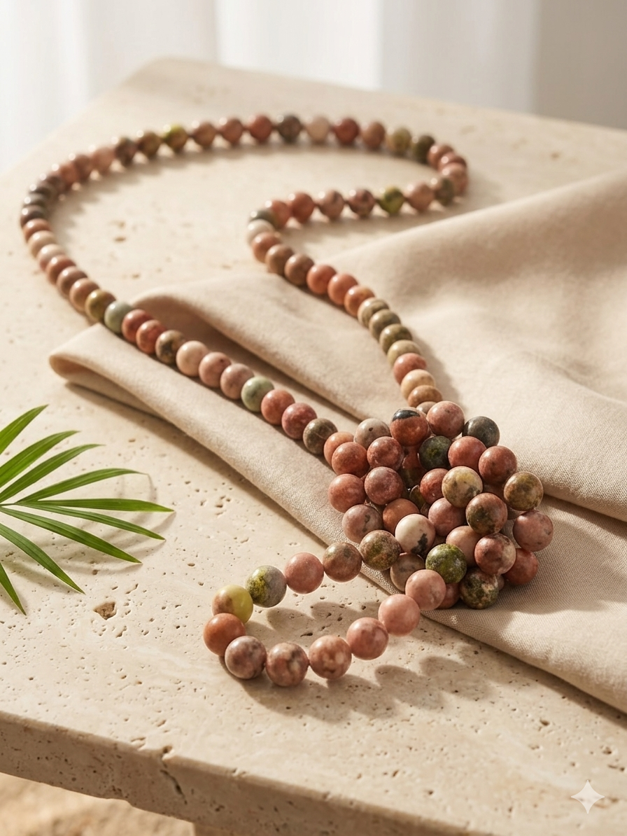 Natural Plum Blossom Jasper Necklace — 8mm Beads | 120 cm