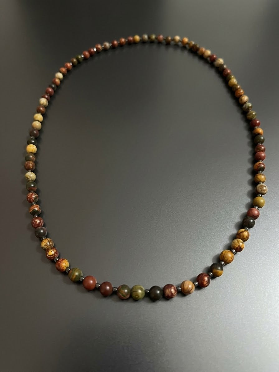 Collana Mala di Diaspro Picasso ed Ematite — Sfere 8mm | 80 cm