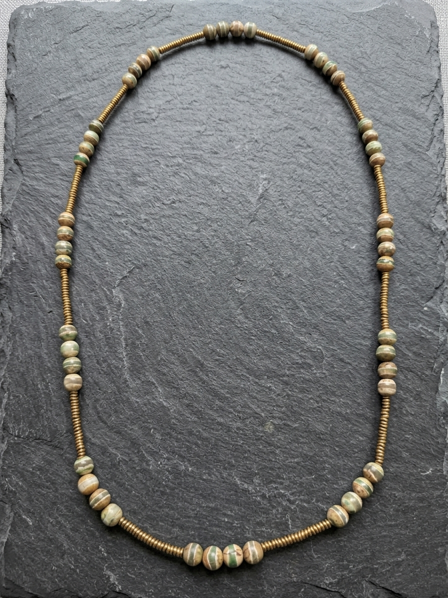 Tibetan Dzi Stripe Agate and Antique Gold Hematite Mala Necklace — 75 cm