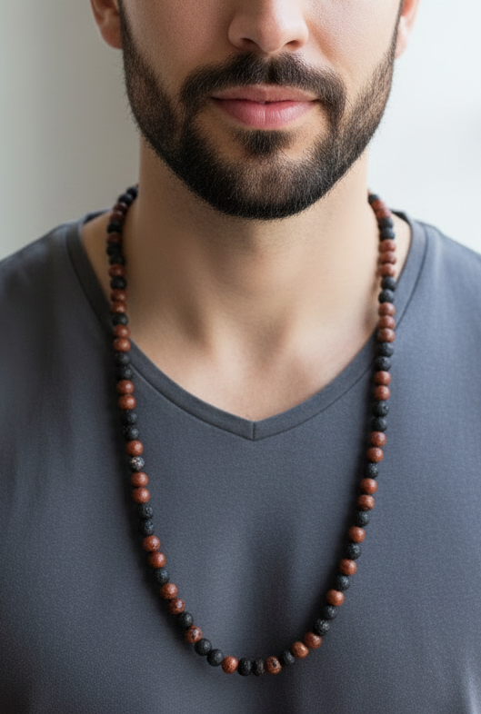 Mahogany Obsidian and Lava Rock Mala Necklace — 8mm Beads | 75 cm