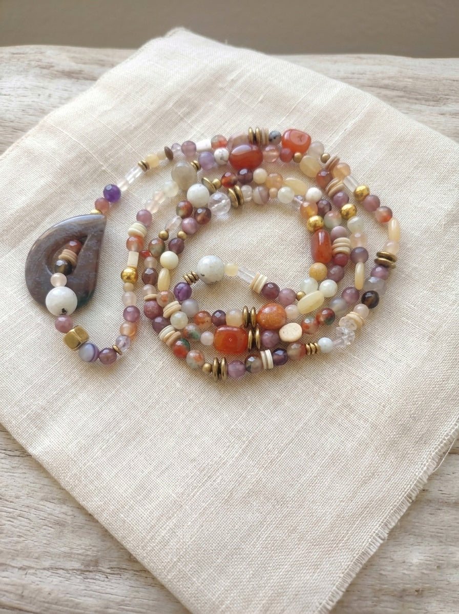 Multi Natural Stones Necklace with Jasper Pendant — Mixed Stones | 120 cm