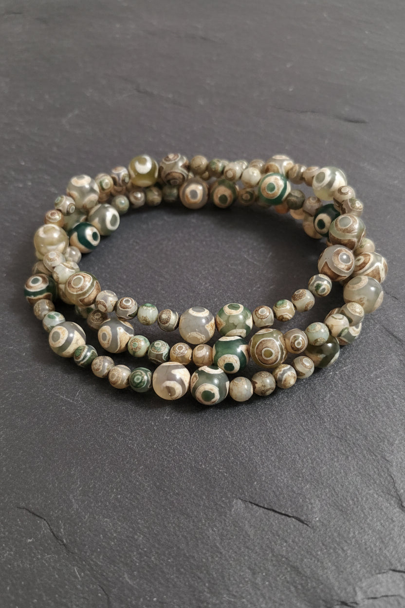 Tibetan Dzi 3 Eye Agate Mala Necklace — 6/10mm Stones | 75 cm