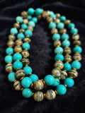 Collana Mala di Agata Tibetana Dzi Stripe, Ematite Oro Antico e Magnesite Turchese — 78 cm